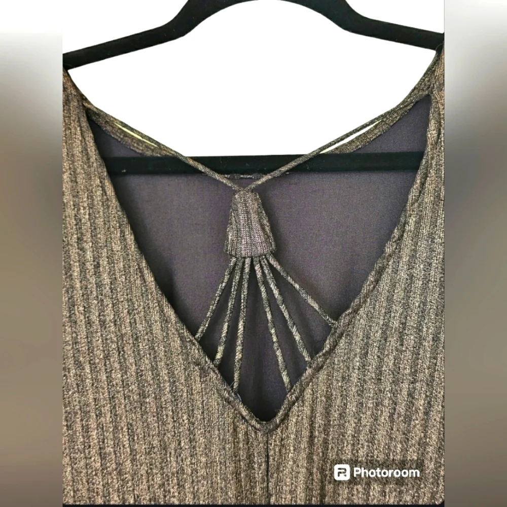 She + Sky Bronze Metallic Gold Brown Ribbed Swing Strappy Back Dress Size Large - Picture 4 of 11